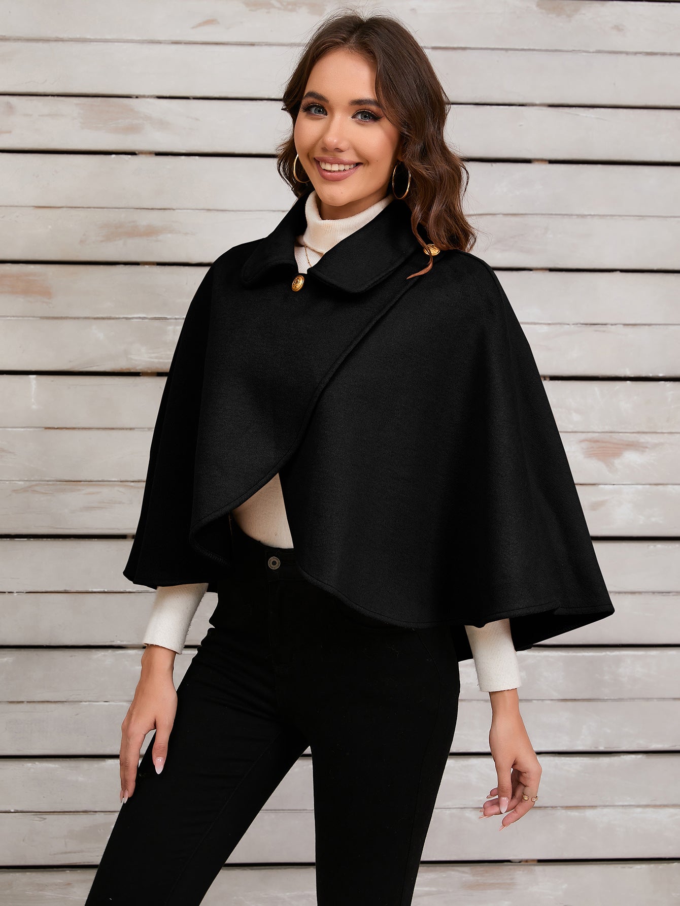 Chic Camel Cape with Elegant Gold Button for Sophisticated Occasions