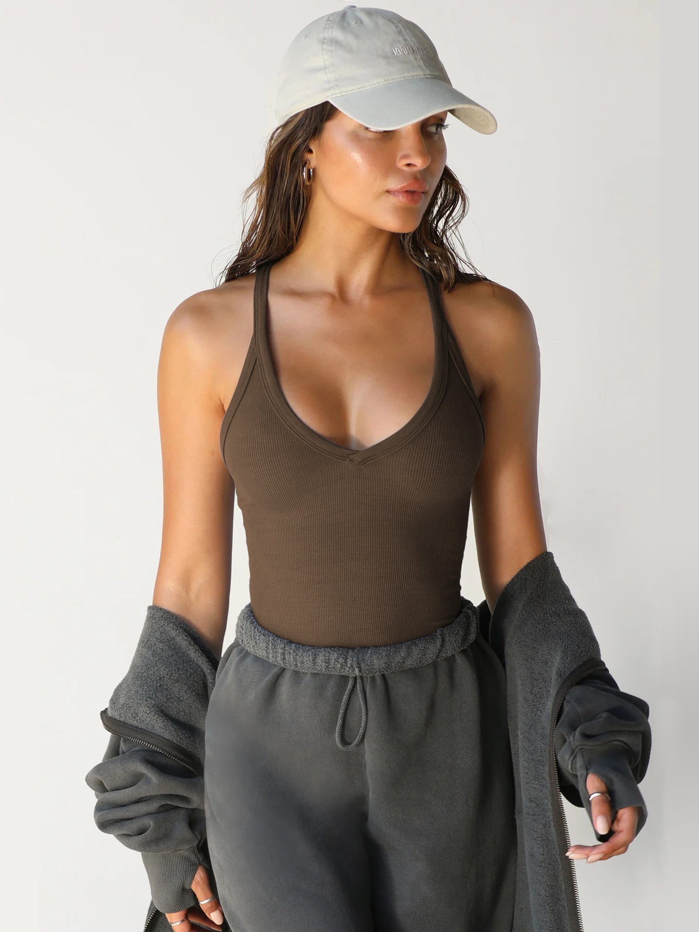 Brown Halter V-Neck Plain Sleeveless Top