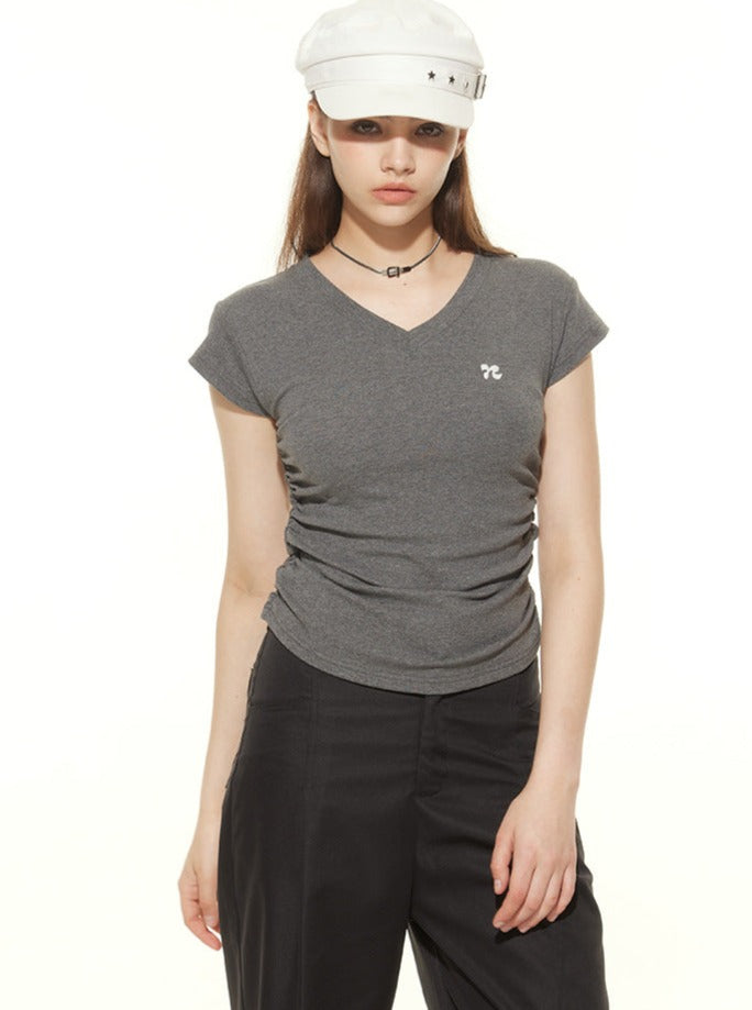 Dark Gray Basic V-Neck Slim Top