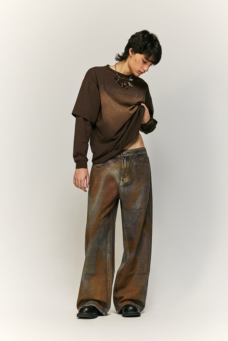 Earth-Tone Abstract Pattern Wide-Leg Denim Pants