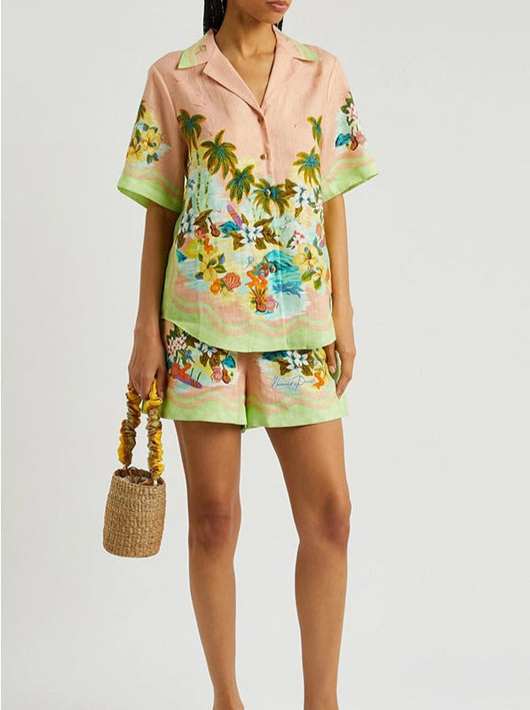 Casual Tropical Printed Shorts Set