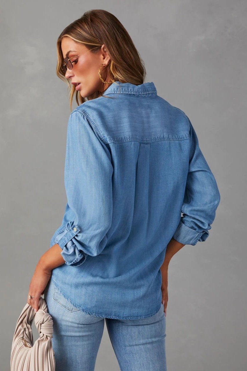 Blusa in denim con colletto a maniche lunghe blu scuro 