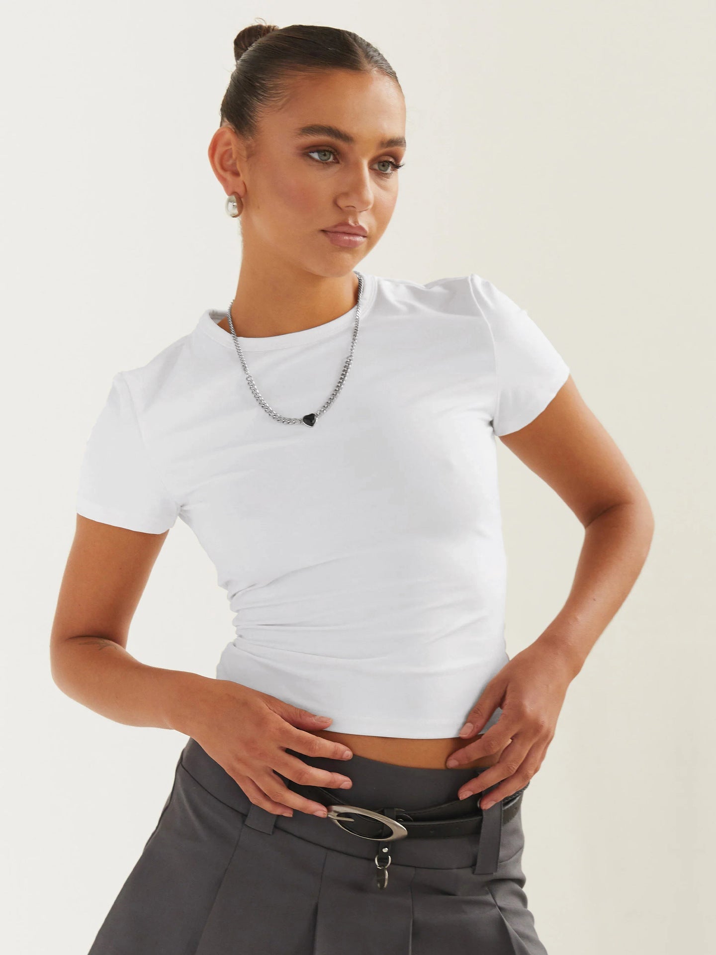 White Slim Y2K Fitted Crew Neck Top