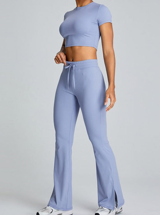 Pantaloni fitness blu con coulisse e sollevamento del sedere svasati 