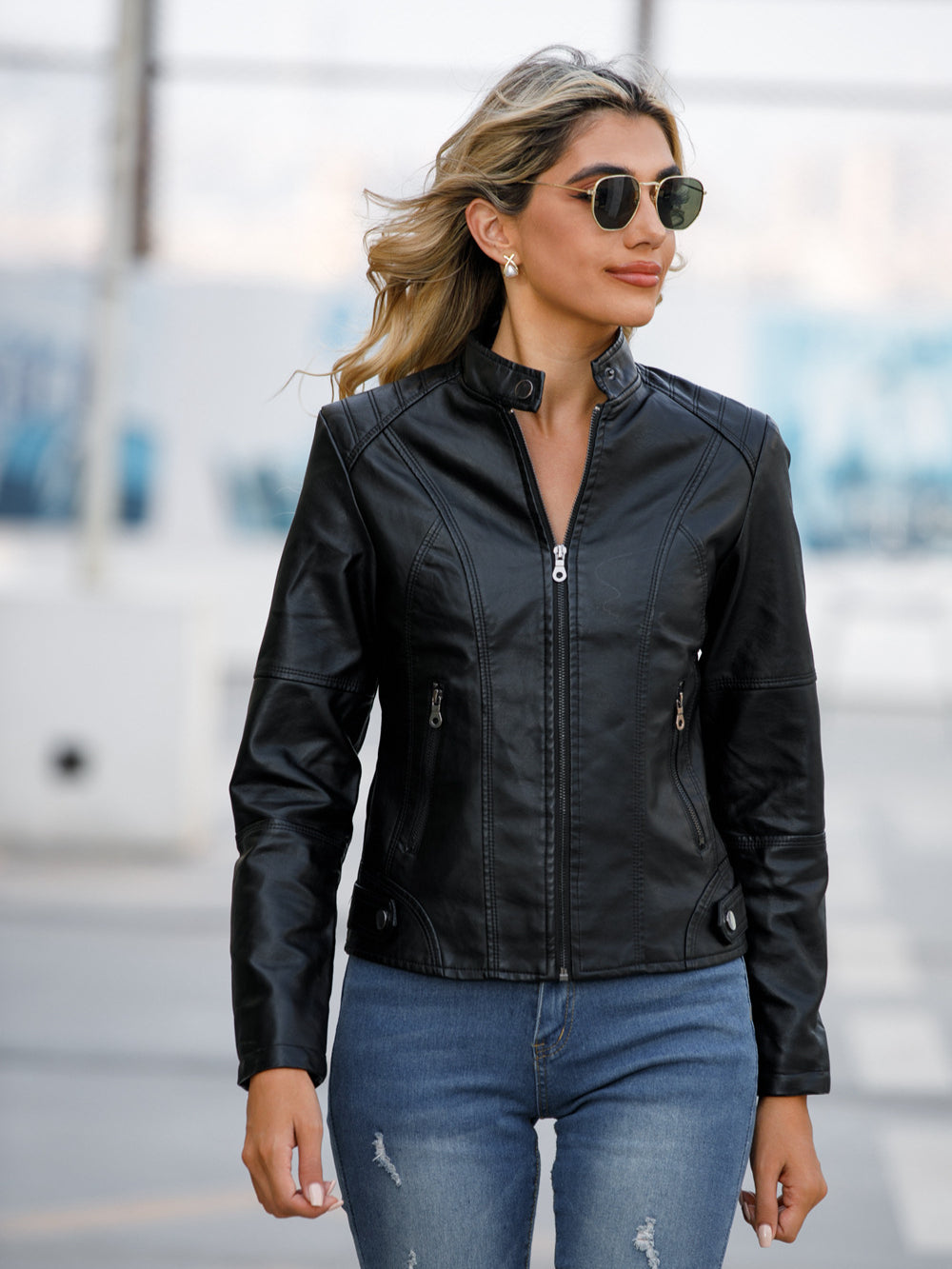 Lederjacke Damen Bikerjacke Faux kurze Übergangsjacke modisch