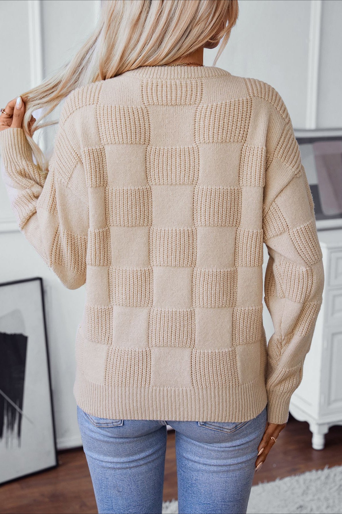 Loose Round Neck Plaid Knitted Pullover Sweater