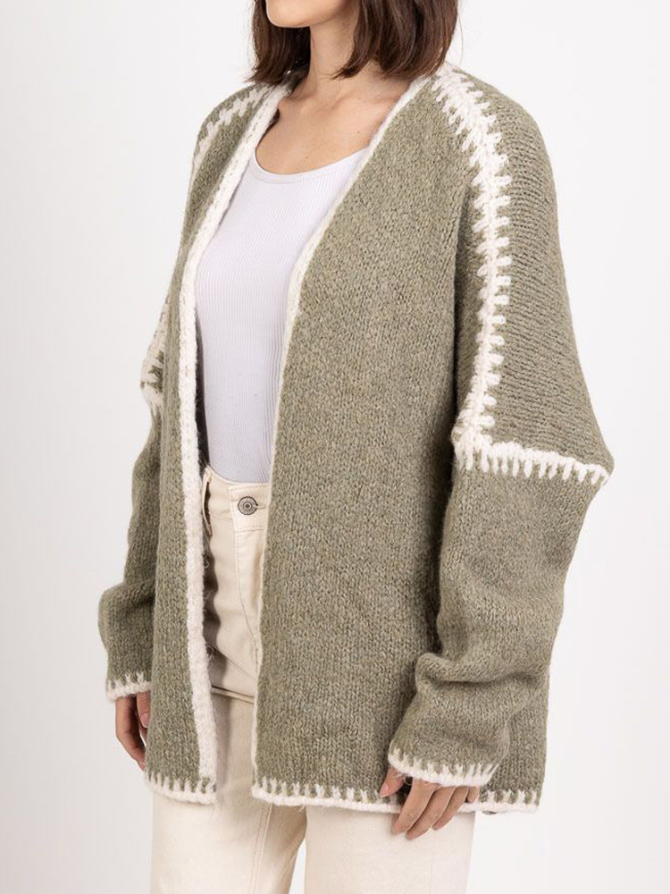 Oversize Strickjacke Damen, Grobstrick Cardigan mit Kontrastdetails