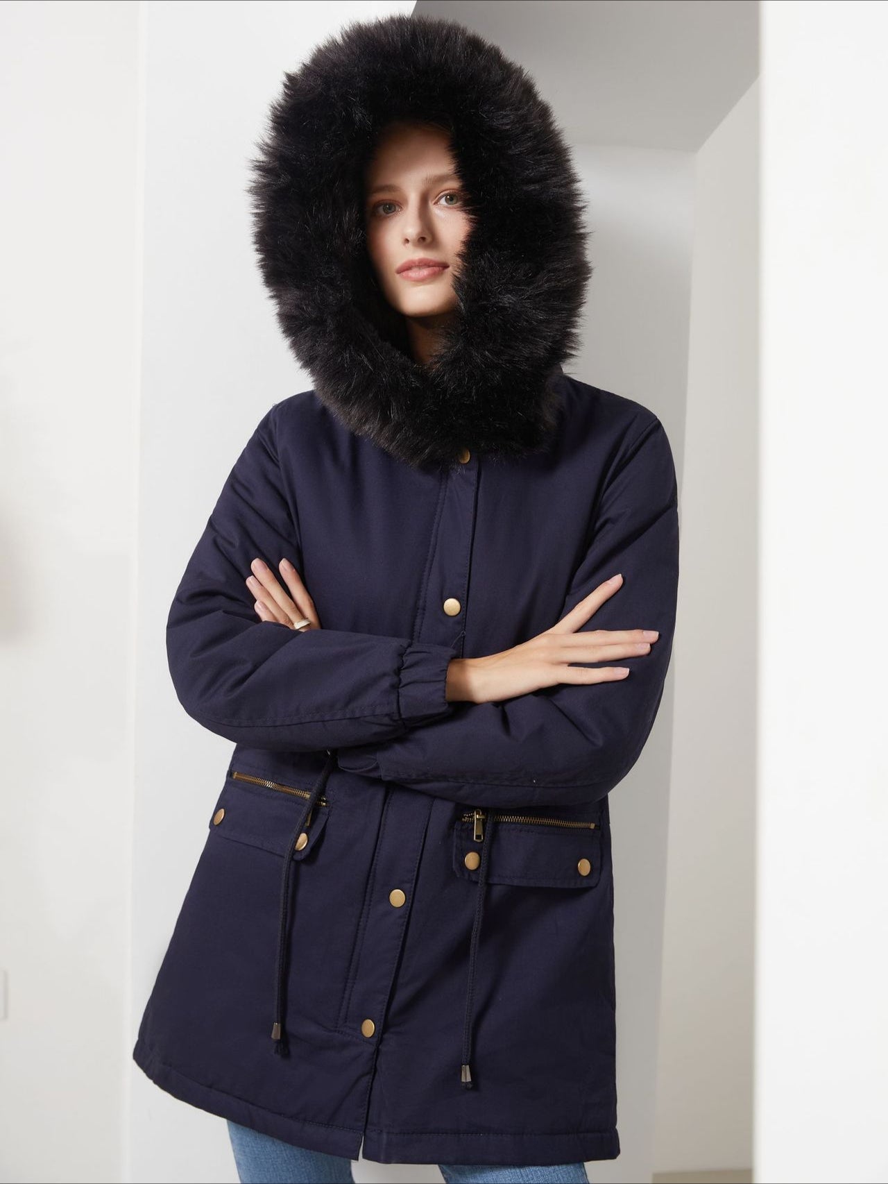 Warme Damen Winterjacke Mit Fellkapuze – Gefütterte Parka Jacke Mit Taillenzug