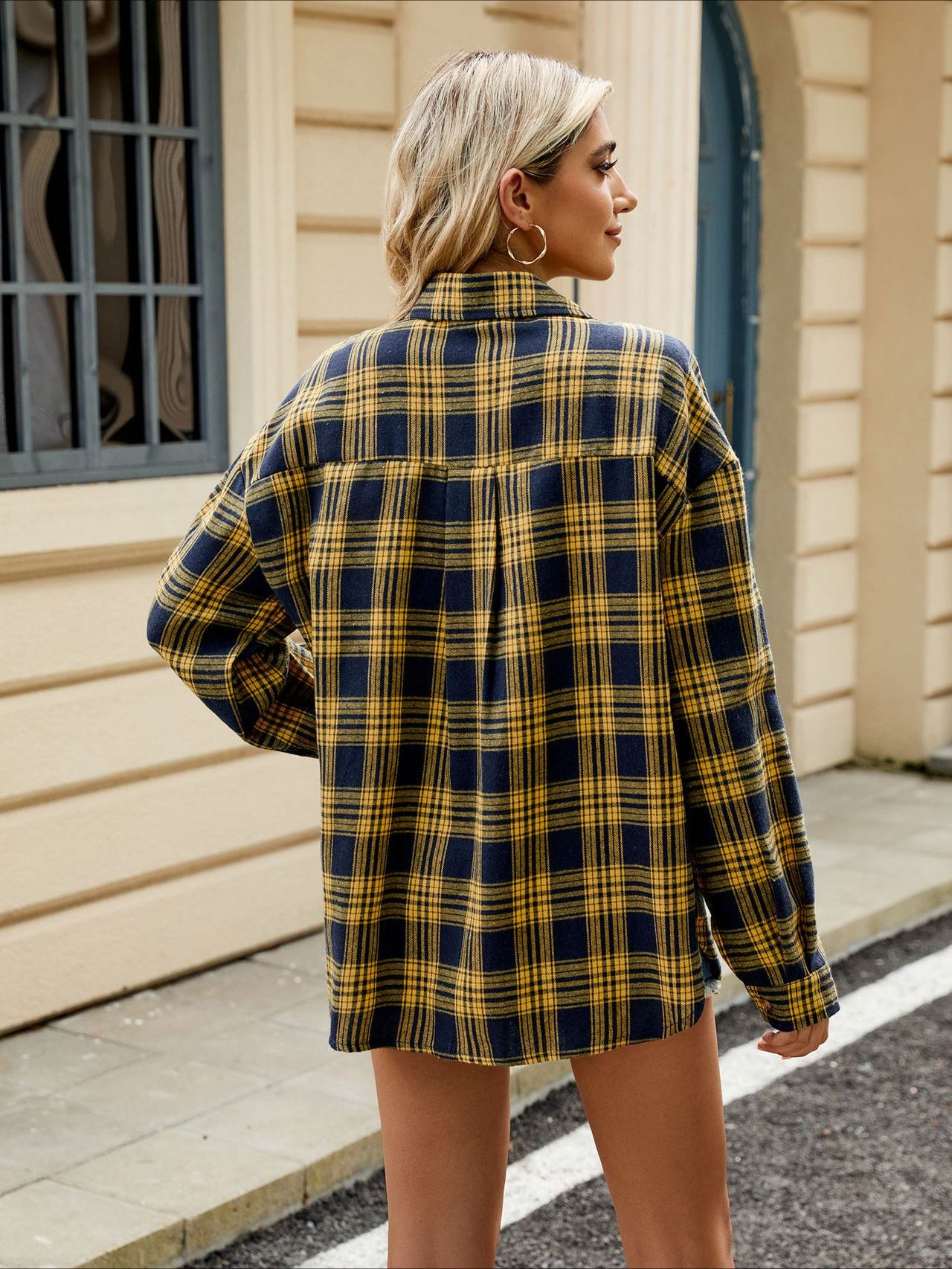 Long Sleeve Pocketed Oversized Plaid Shirt