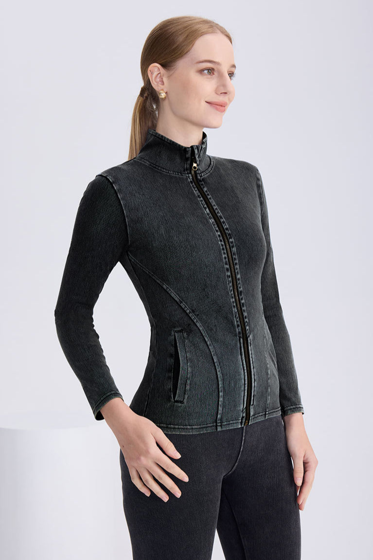 Jeansjacke Damen elegant figurbetont langarm mit Reißverschluss modisch
